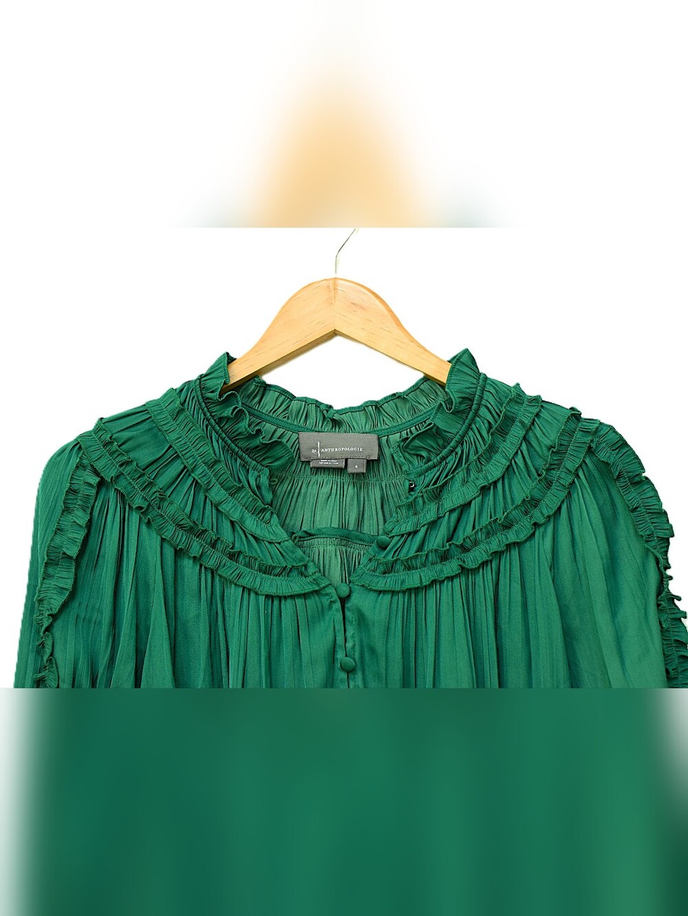 Anthropologie Shirred Peasant Blouse Green Emerald Ruffle Button Front Sz S Boho - Picture 4 of 13